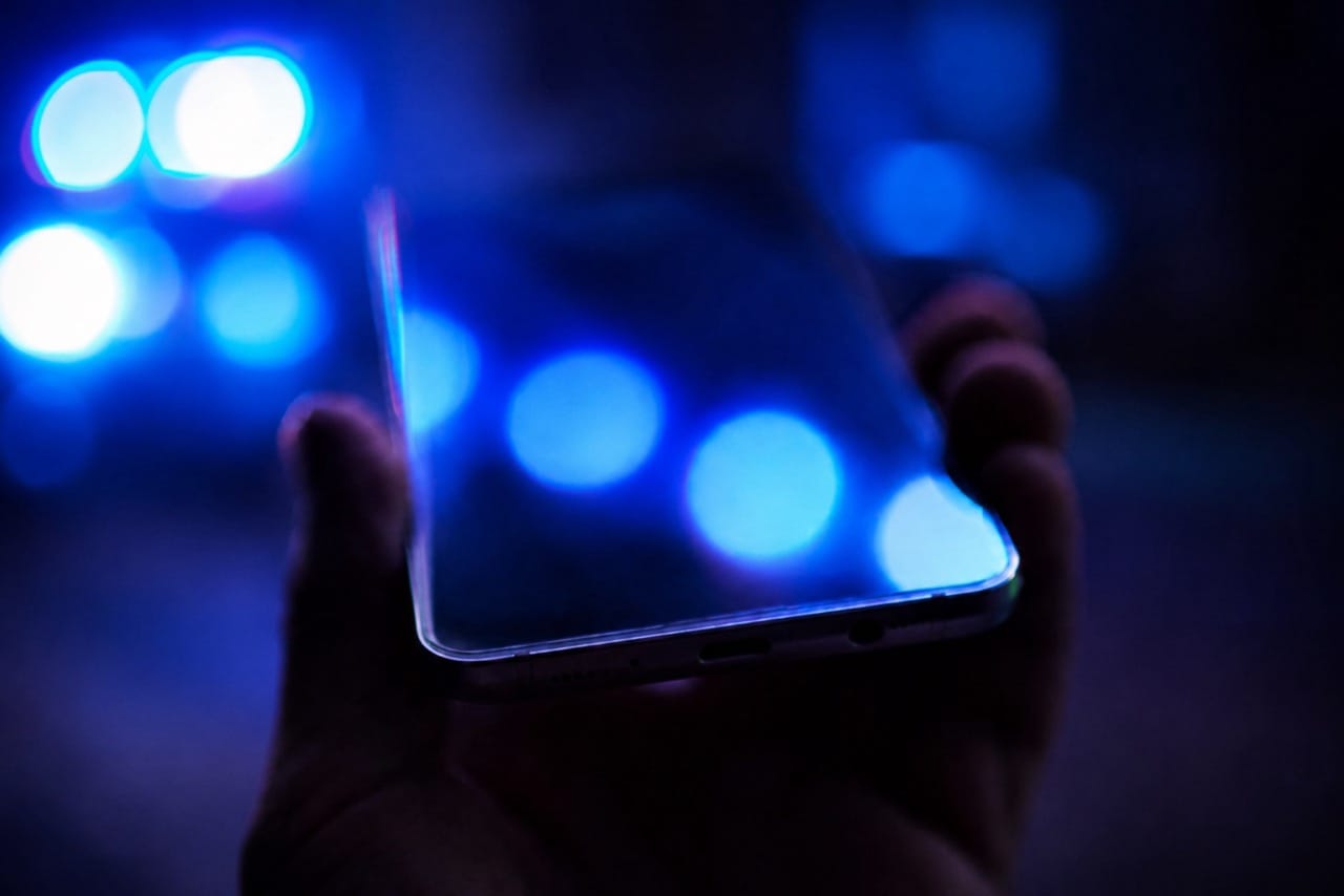 A close-up of a mobile phone with blue lights in the background, and the lights reflected in the phone