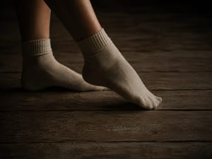 A woman wearing socks feels the cracks in old, worn floorboards with her feet
